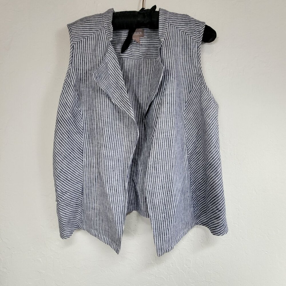 Chico's Womens Sleeveless Striped Vest Size 1 Blue & White Linen Lightweight